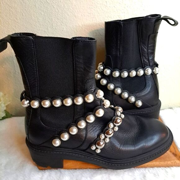 Zara Savida Ankle Boots with Pearl Straps Black Size 6 (36UK) w/1 flaw - Picture 2 of 13